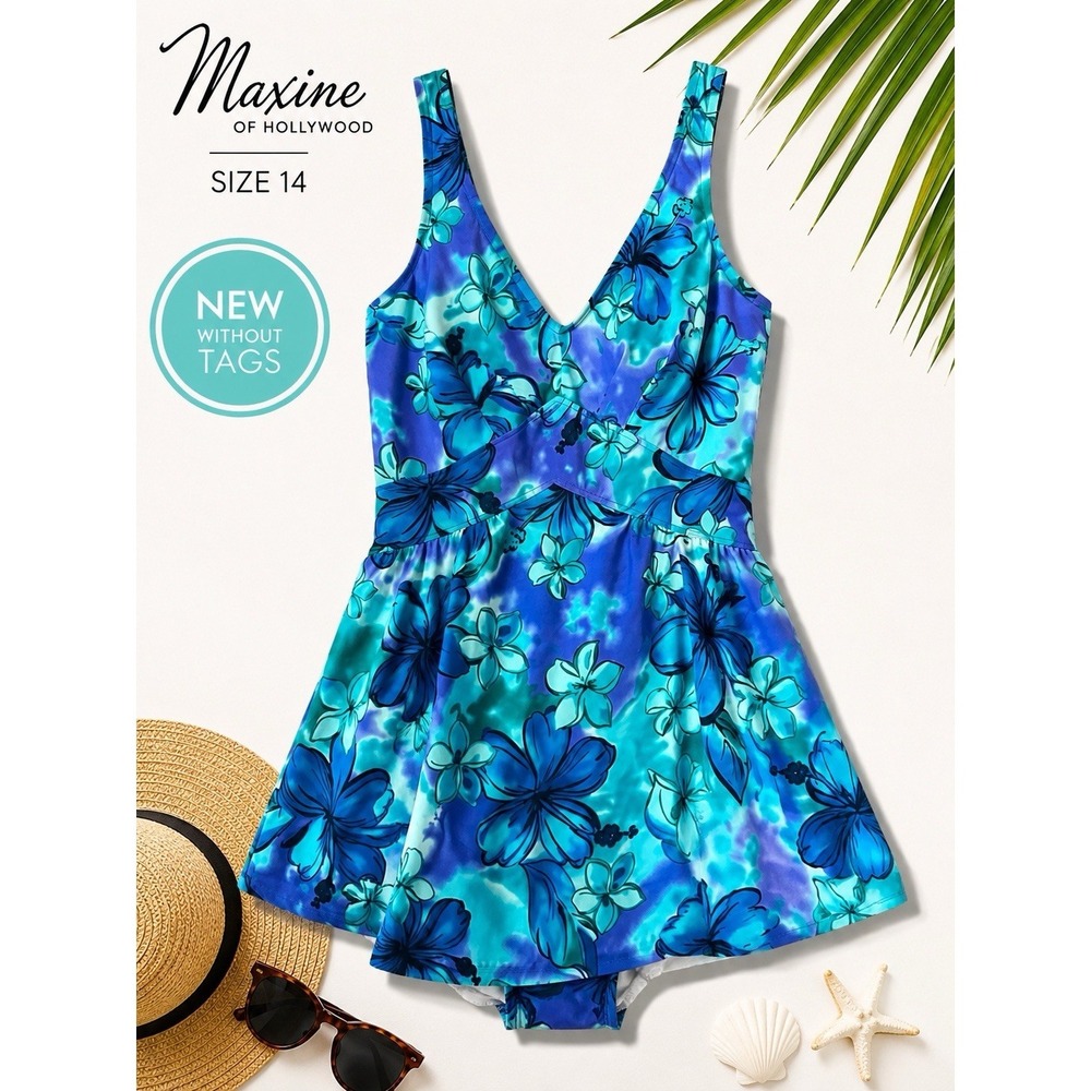 🌺 Y2K Maxine of Hollywood Blue Tropical Swimdress | Size 14 | New Without Tags